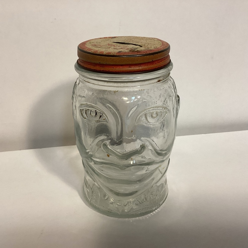 Lucky Joe Bank vintage 1930’s Nash’s Prepared Mustard glass bank original lid